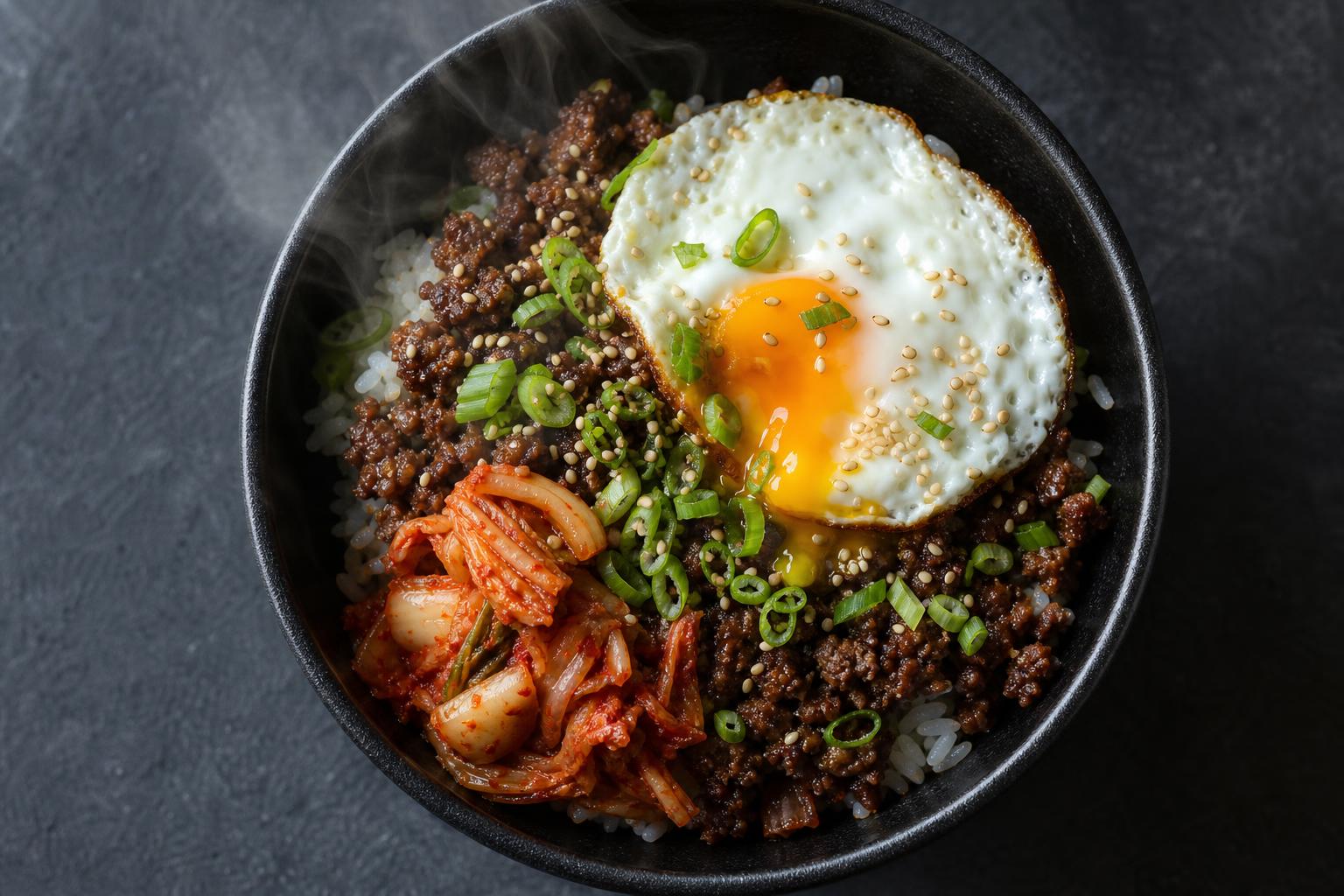 Korean ground beef bowl topped with fried egg, kimchi and scallions