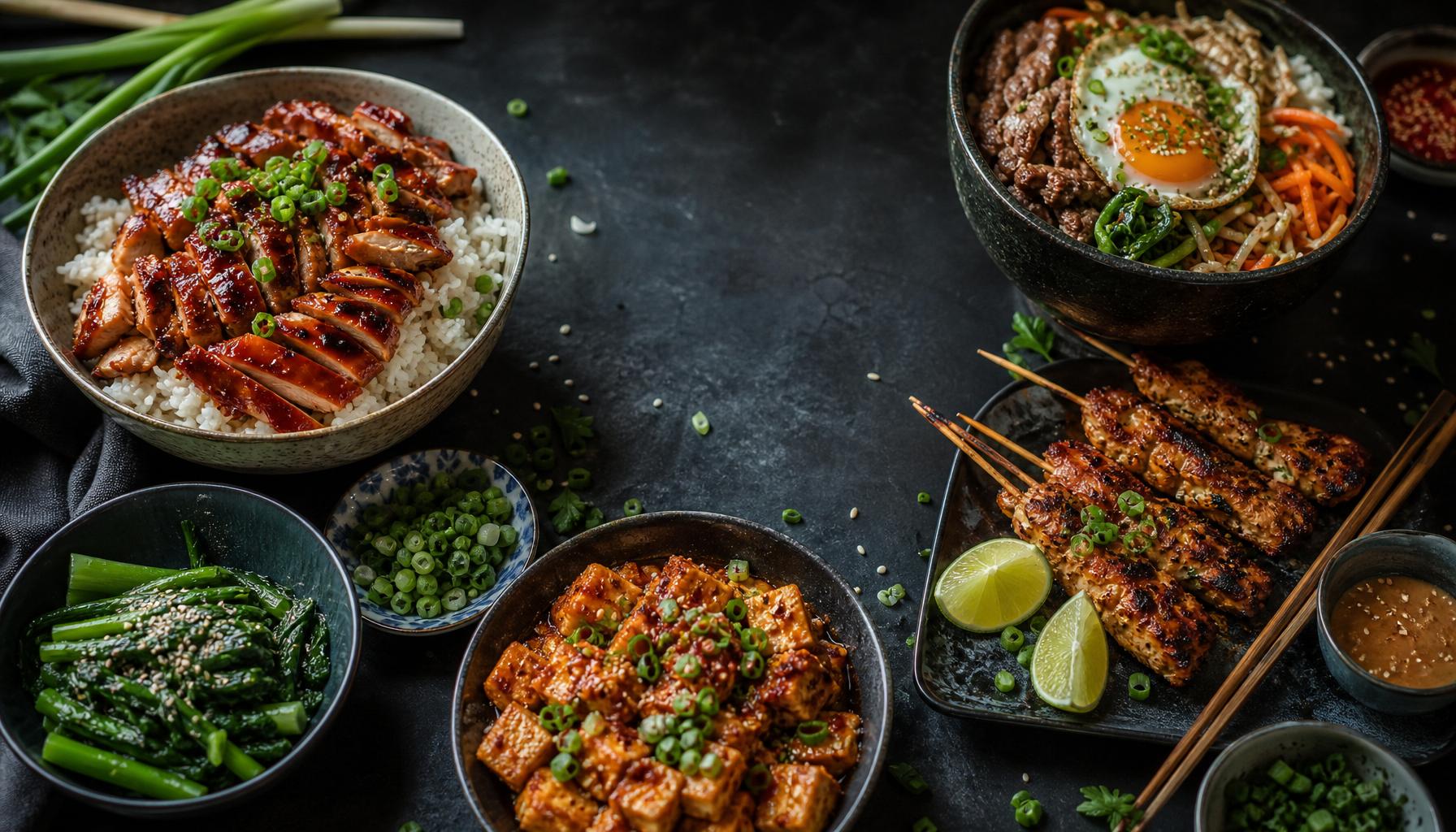 High-protein Asian dishes on a dark table