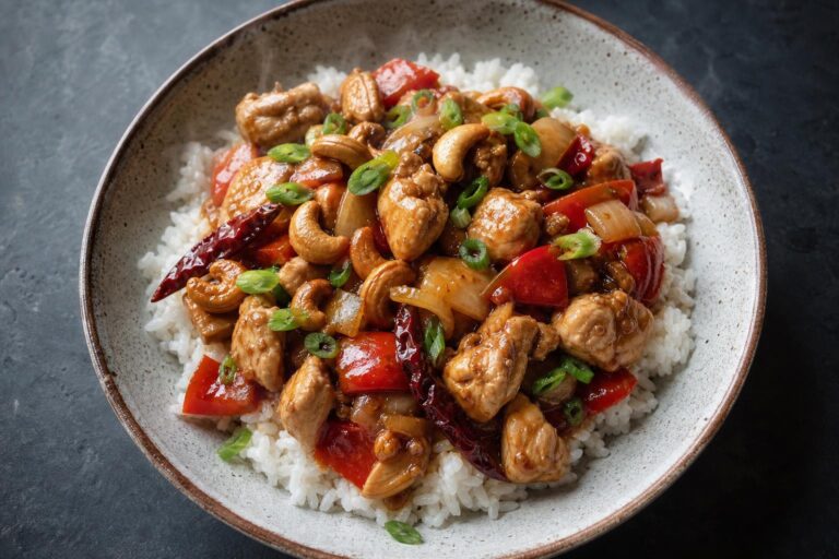 Thai cashew chicken stir fry with toasted cashews and red bell pepper over jasmine rice