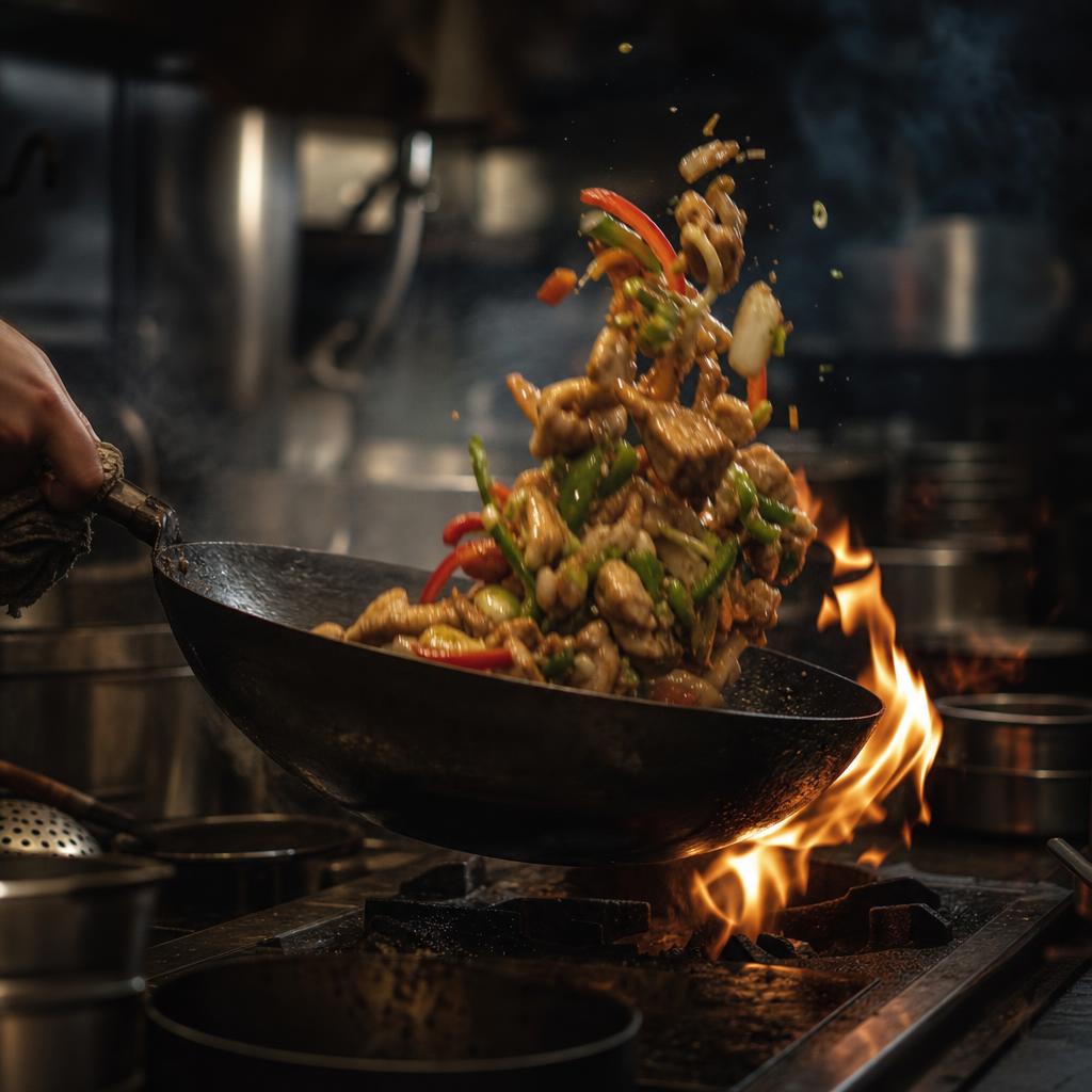 Stir frying in a flaming wok