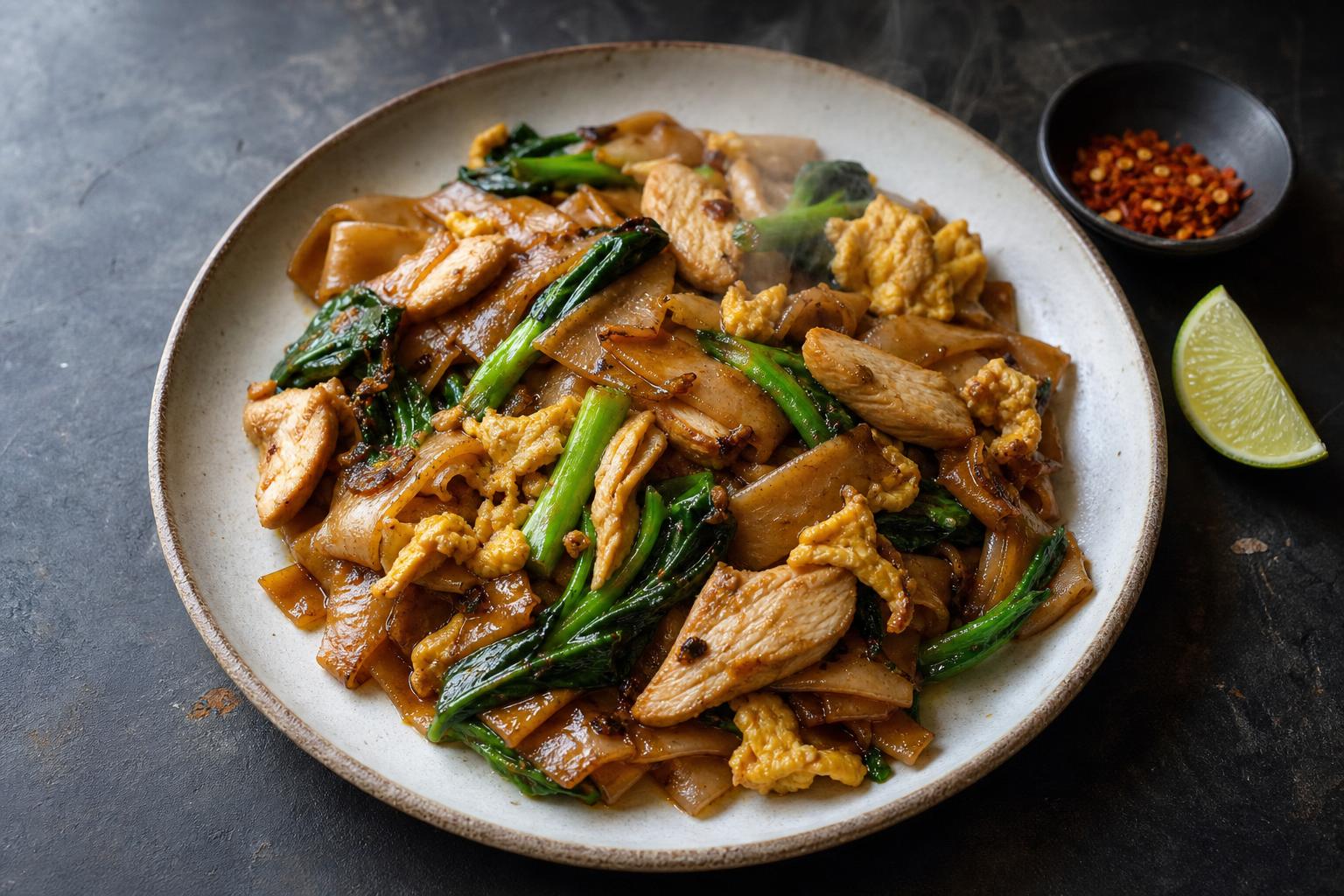 Chicken pad see ew, wide rice noodles stir fried with sliced chicken, egg, and Chinese broccoli in dark soy sauce on a rustic plate, with lime and chili flakes alongside