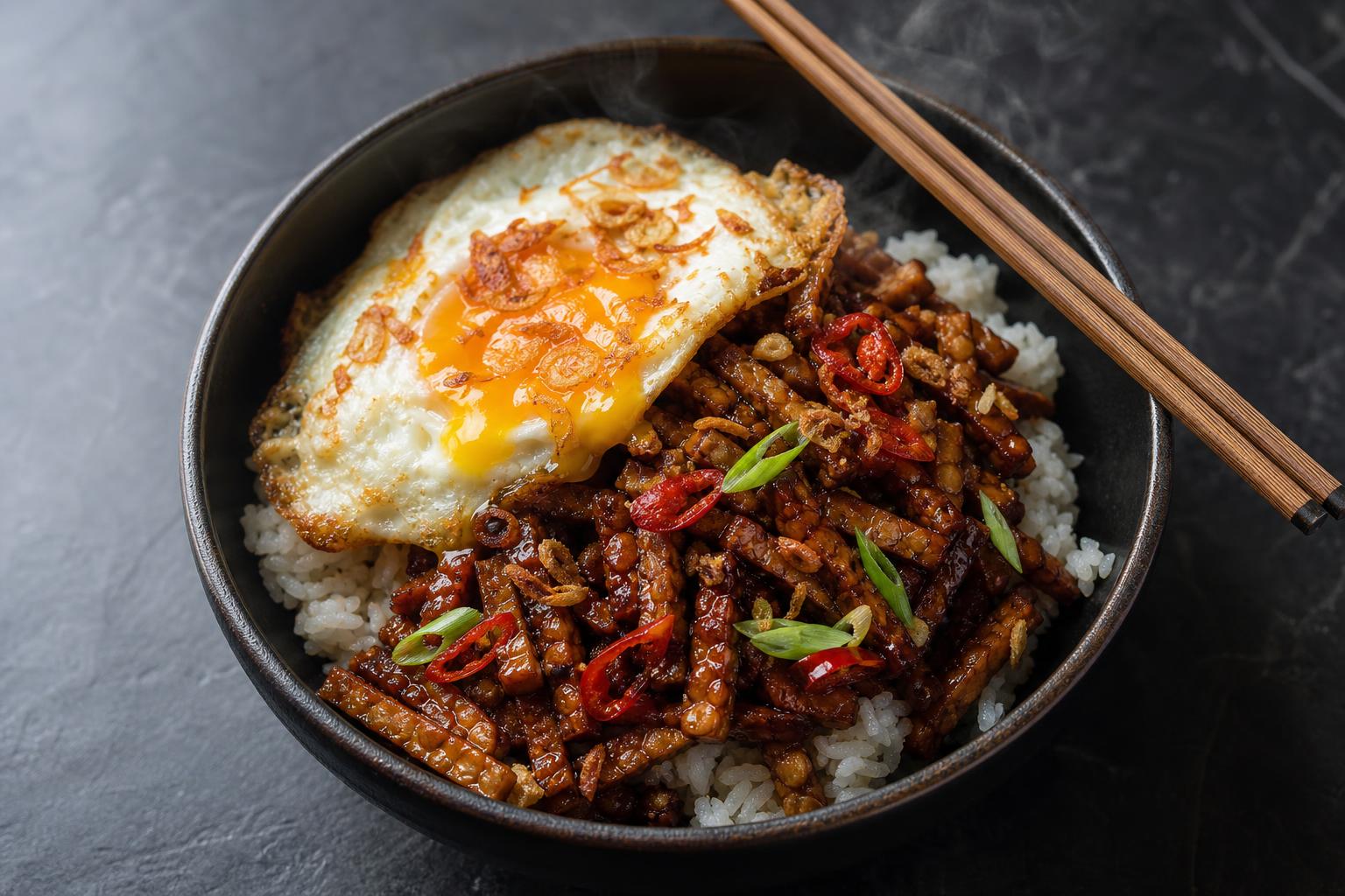 Crispy tempe orek in sweet soy glaze over rice with a fried egg, sliced chili and fried shallots