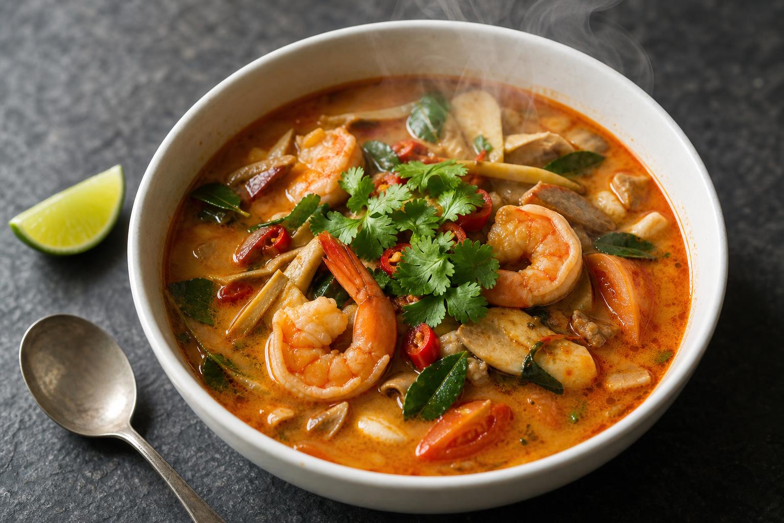 Creamy tom yum goong with shrimp, mushrooms, tomatoes and cilantro in a white bowl