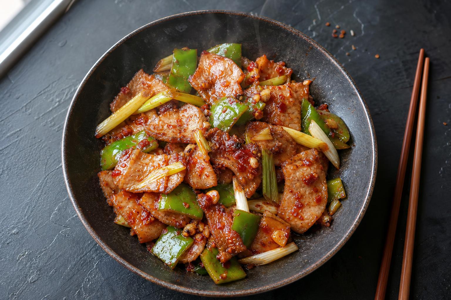 Overhead shot of lean twice cooked pork with leeks and green peppers in a glossy red sauce in a dark bowl