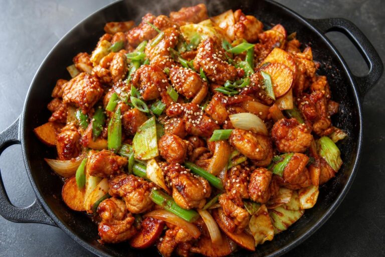 Overhead view of Korean dak galbi spicy chicken with cabbage and sweet potato in a black cast iron pan