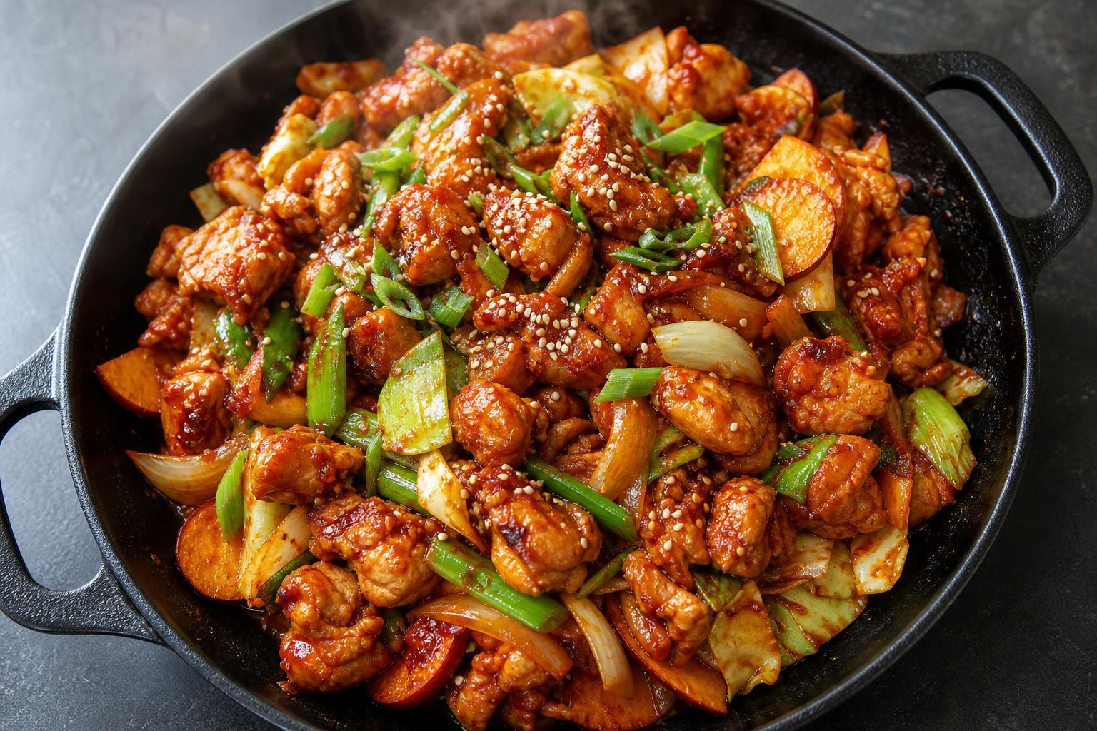 Overhead view of Korean dak galbi spicy chicken with cabbage and sweet potato in a black cast iron pan