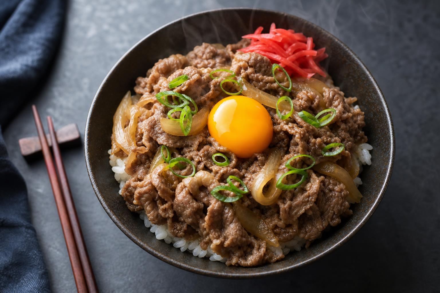 High-protein gyudon beef rice bowl topped with a soft egg yolk, scallions, and pickled red ginger