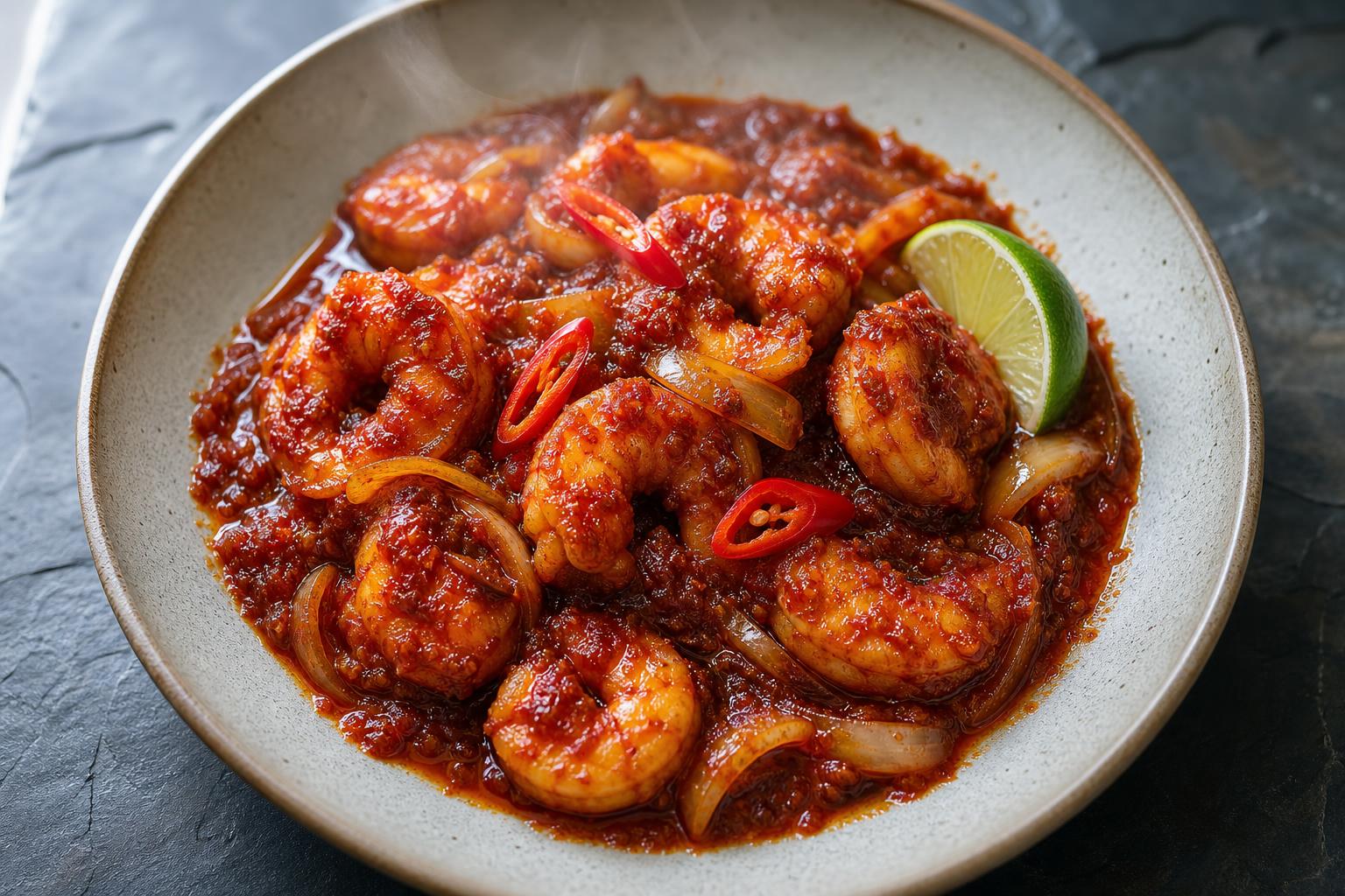Malaysian sambal prawns in a dark red chili sauce with sliced onions and lime in a ceramic bowl