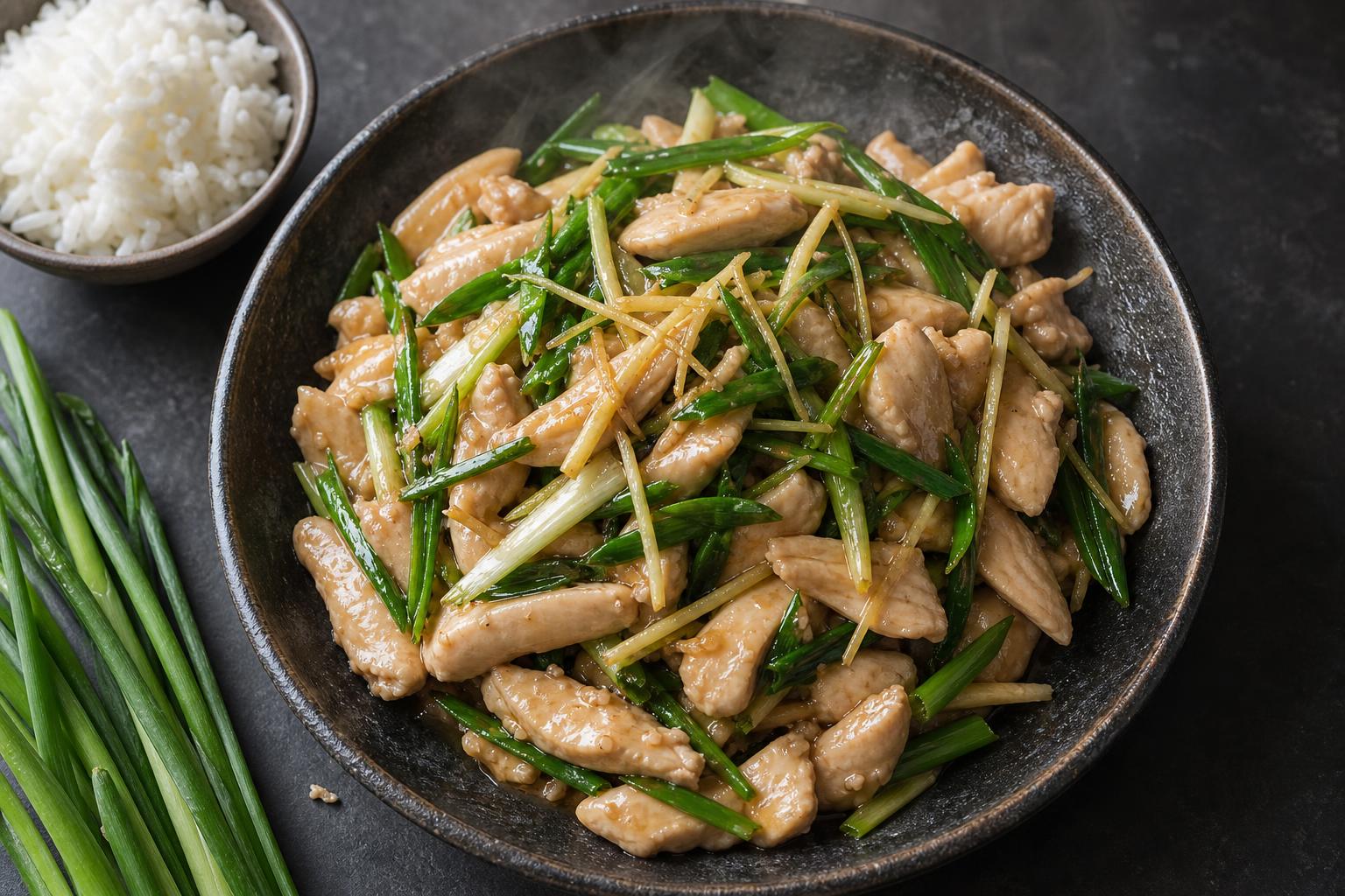 Ginger scallion chicken stir fry in a dark bowl next to steamed rice