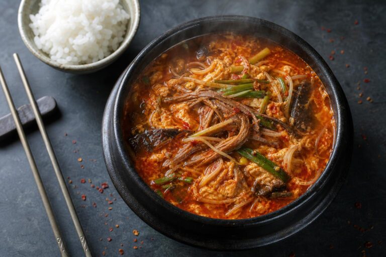 Overhead bowl of yukgaejang Korean spicy beef soup with shredded beef, bean sprouts, and scallions on dark slate