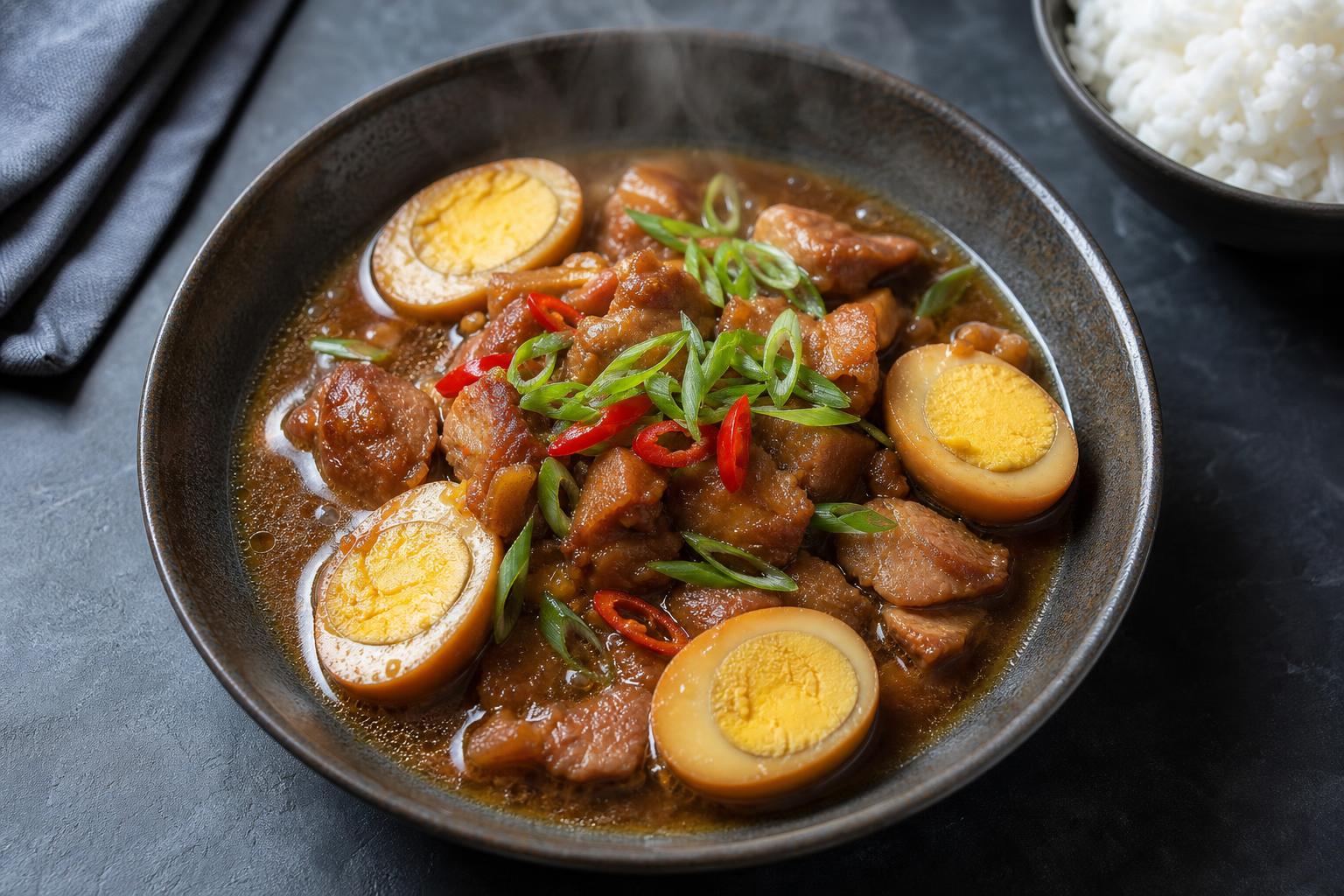 Vietnamese braised pork and eggs (thit kho) in caramel sauce with halved eggs, chili and scallions in a dark bowl
