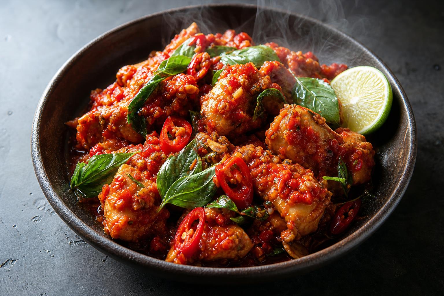 Ayam rica-rica, Indonesian spicy chili chicken, in a dark bowl garnished with basil and lime