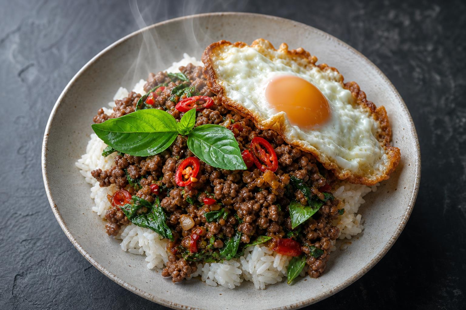 Thai basil beef pad kra pao over jasmine rice with a crispy fried egg, basil, and red chili in a ceramic bowl