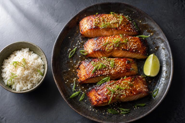 Overhead of four miso glazed salmon fillets with caramelized edges, scallions, and sesame seeds on a dark plate with a bowl of rice