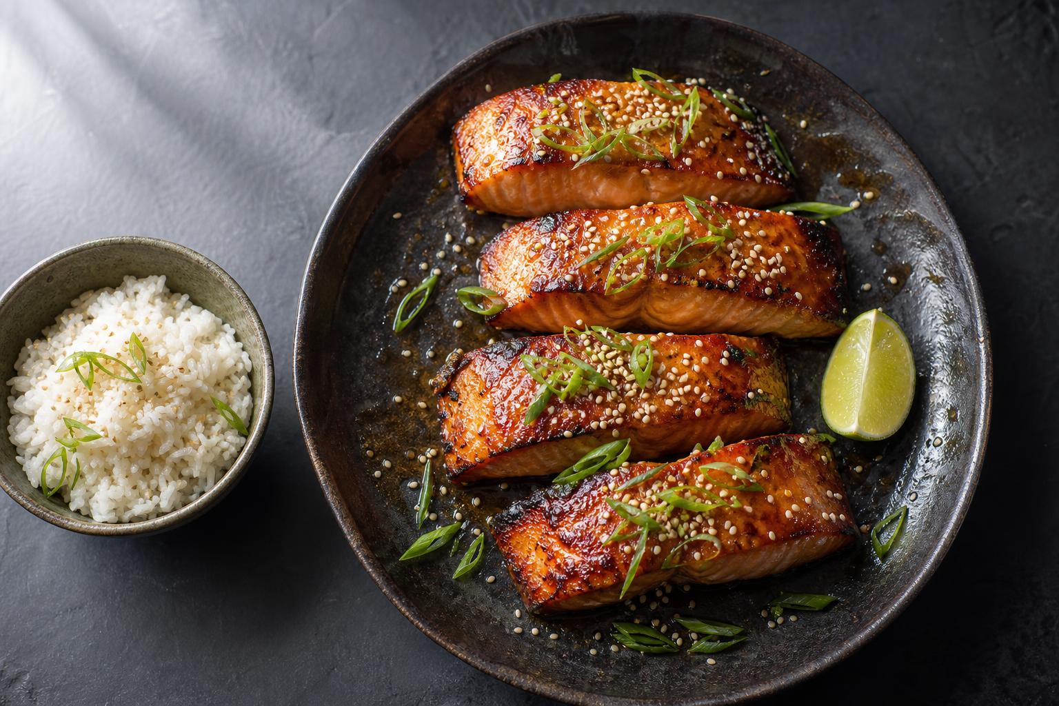 Overhead of four miso glazed salmon fillets with caramelized edges, scallions, and sesame seeds on a dark plate with a bowl of rice