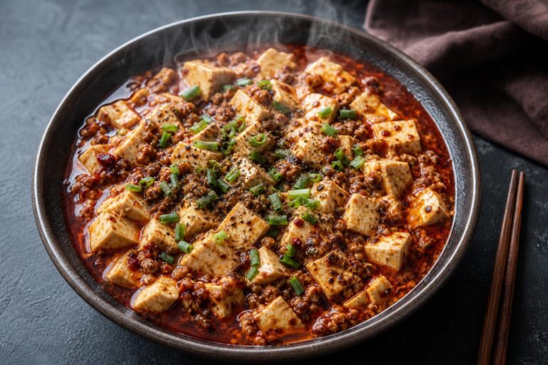 Mapo tofu with tofu cubes and minced pork in a red Sichuan chili sauce, topped with sliced scallions