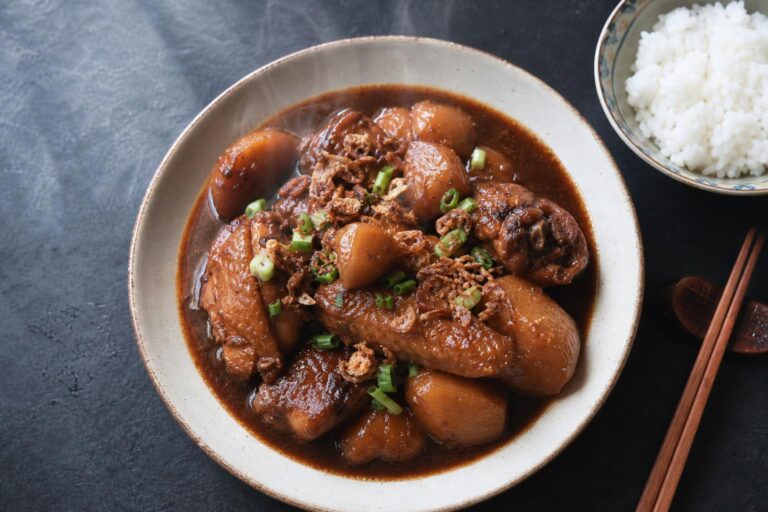 Ayam pongteh, Nyonya braised chicken and potato stew in dark soy gravy topped with fried shallots and spring onion