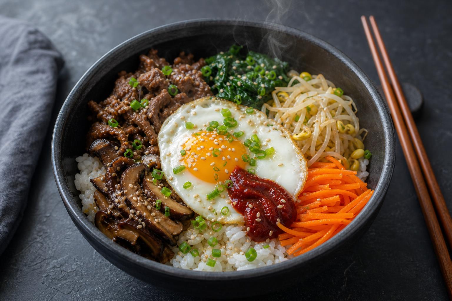 Korean beef bibimbap in a dark stone bowl with bulgogi beef, spinach, bean sprouts, carrot, mushrooms, gochujang, and a runny fried egg over rice