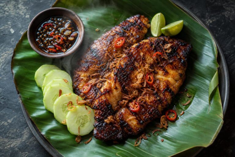 Indonesian ikan bakar, grilled sambal-glazed white fish fillet on a banana leaf with cucumber, lime wedges, fried shallots, sliced chili, and a bowl of sambal kecap on a dark slate surface