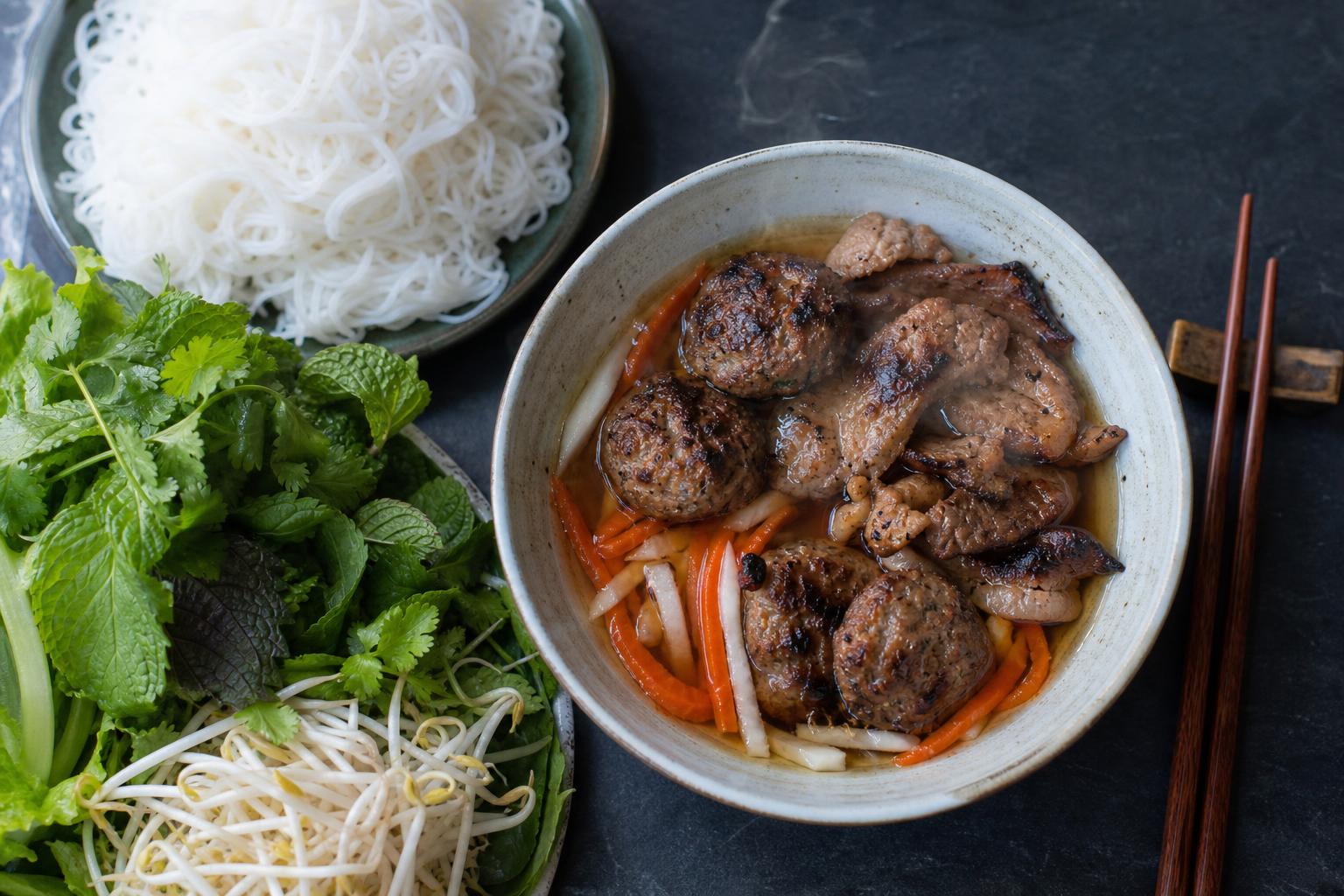 Overhead bowl of Vietnamese bun cha, grilled pork patties and slices in nuoc cham with vermicelli and herbs