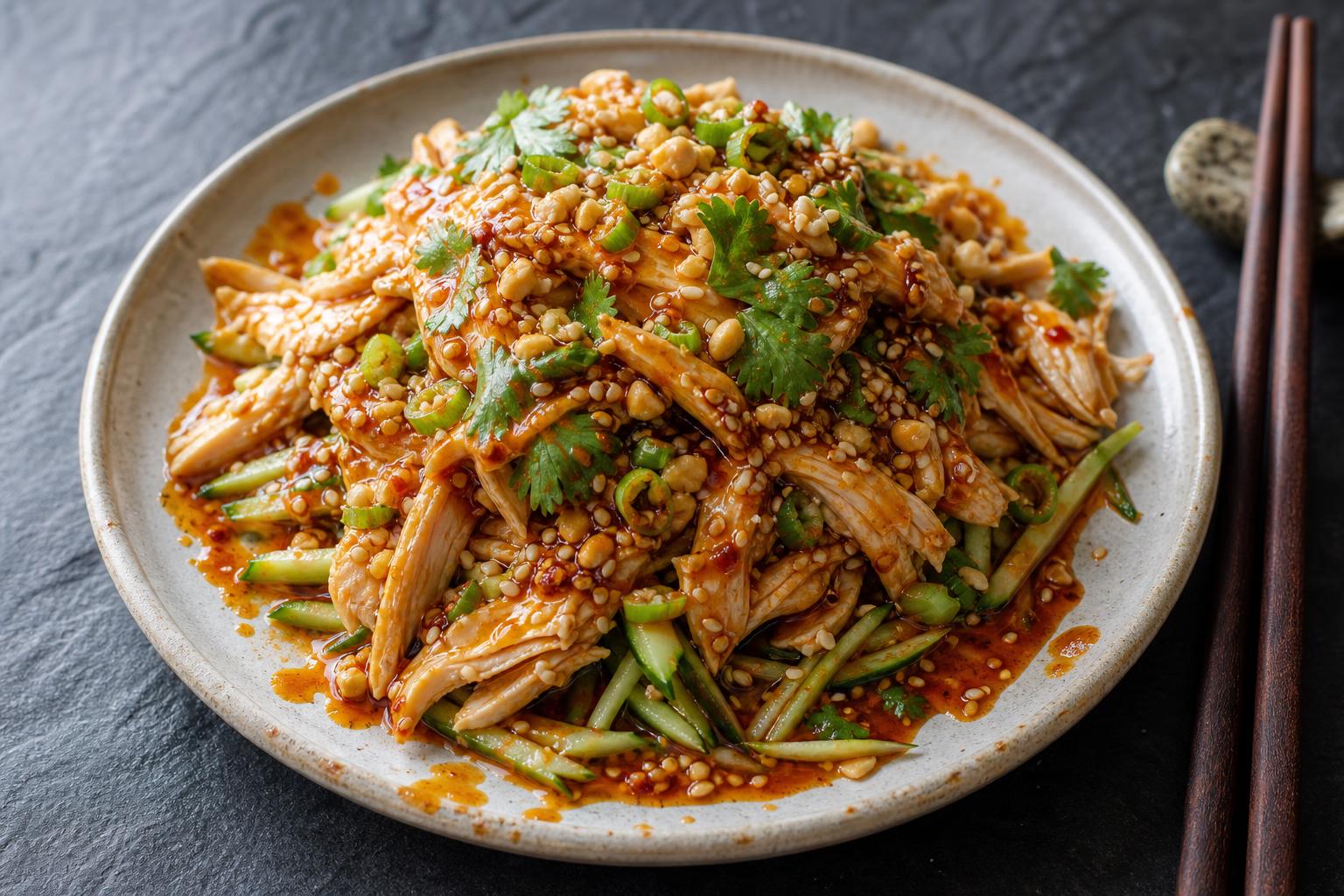 Overhead plate of Sichuan bang bang chicken, shredded poached chicken over cucumber with sesame chili sauce, peanuts and scallions