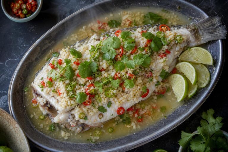 Thai steamed lime fish topped with minced garlic, sliced chilies, and cilantro in a garlic lime broth