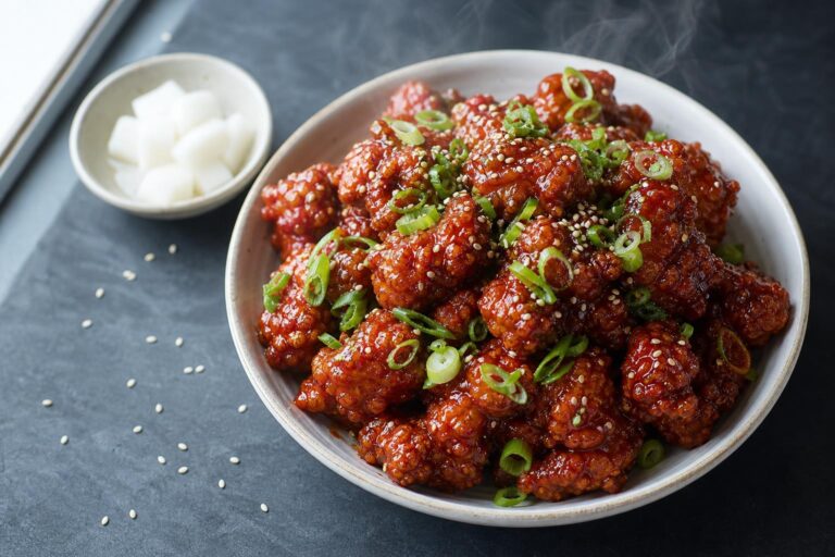 Air fryer dakgangjeong, Korean sweet and spicy fried chicken glazed in glossy red gochujang sauce, in a white bowl on dark slate, topped with sesame seeds and sliced scallions