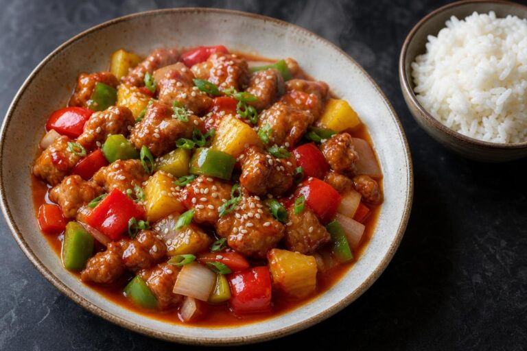 Lean sweet and sour pork with bell peppers and pineapple in a shallow bowl with steamed rice