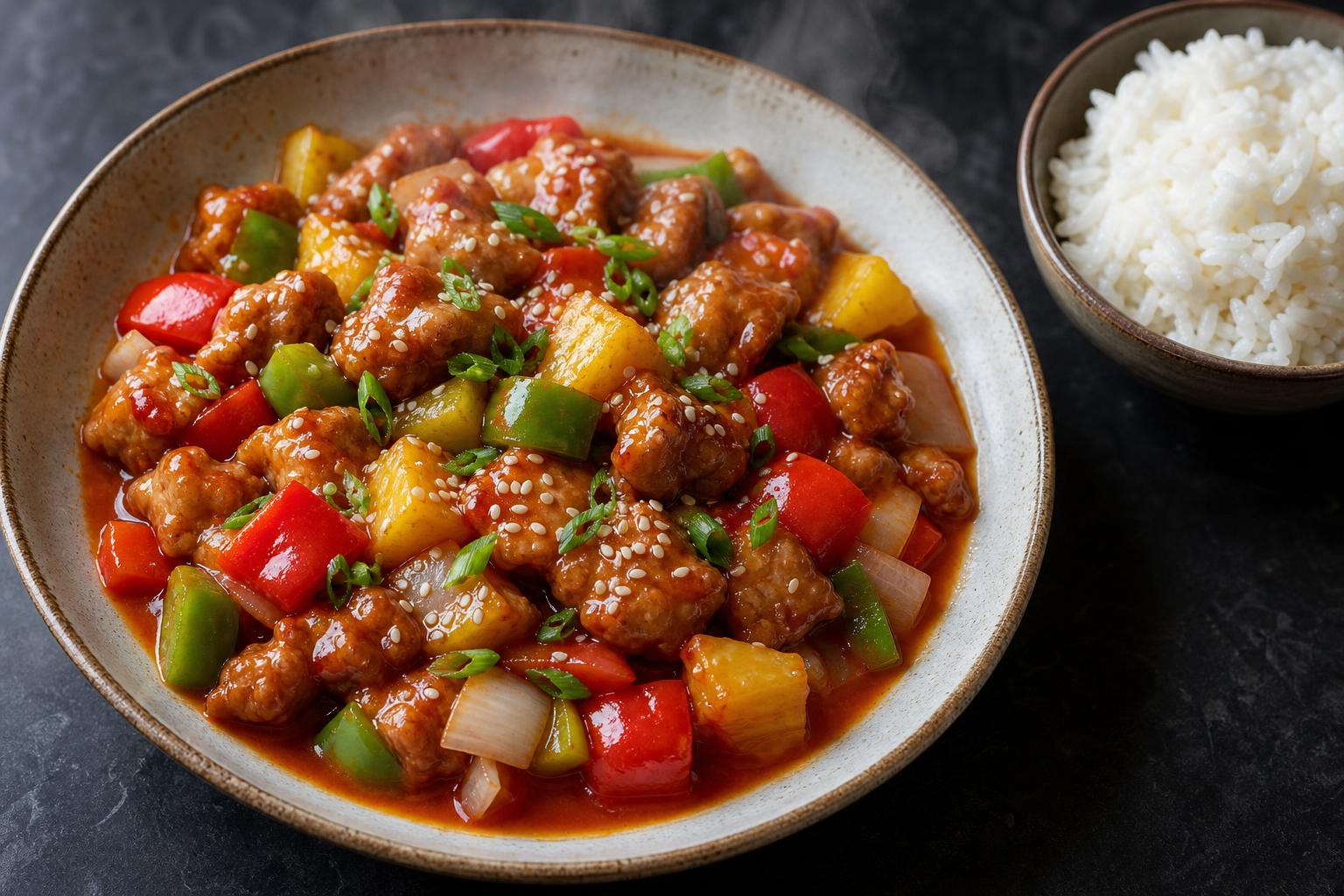 Lean sweet and sour pork with bell peppers and pineapple in a shallow bowl with steamed rice