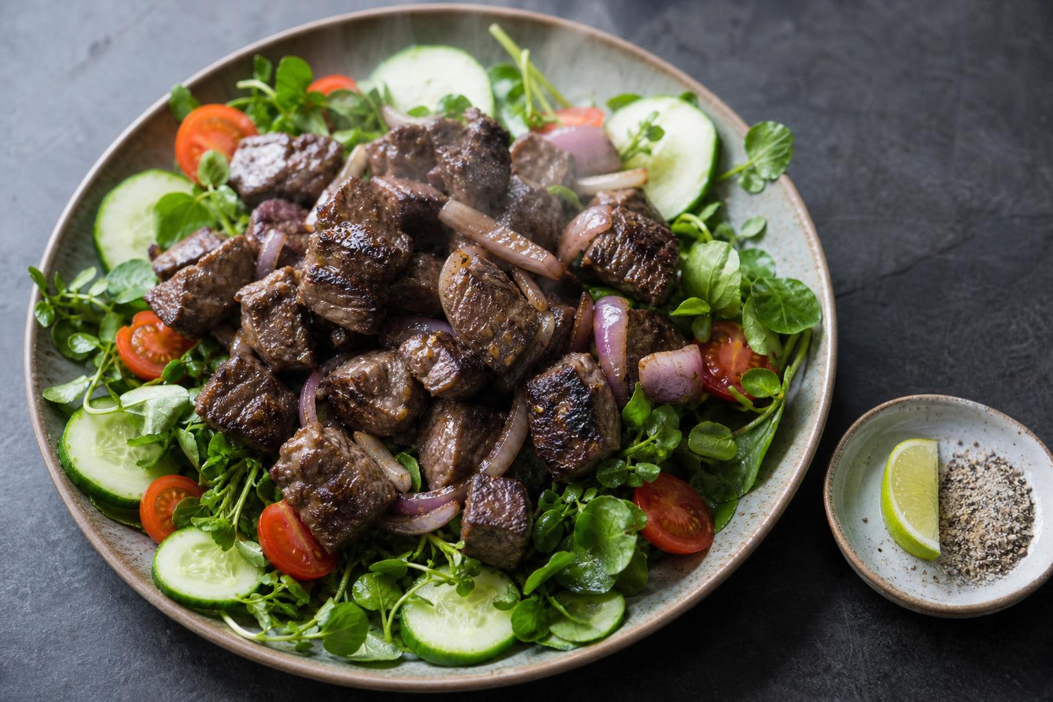 Bo luc lac, cubes of seared Vietnamese shaking beef with red onion piled over watercress with cherry tomatoes and cucumber, next to a lime and pepper dipping dish