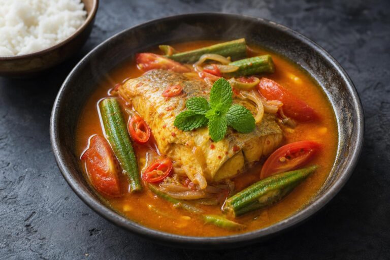 Malaysian assam fish, a firm white fish fillet in a red tamarind broth with okra and tomato, served in a dark bowl with rice