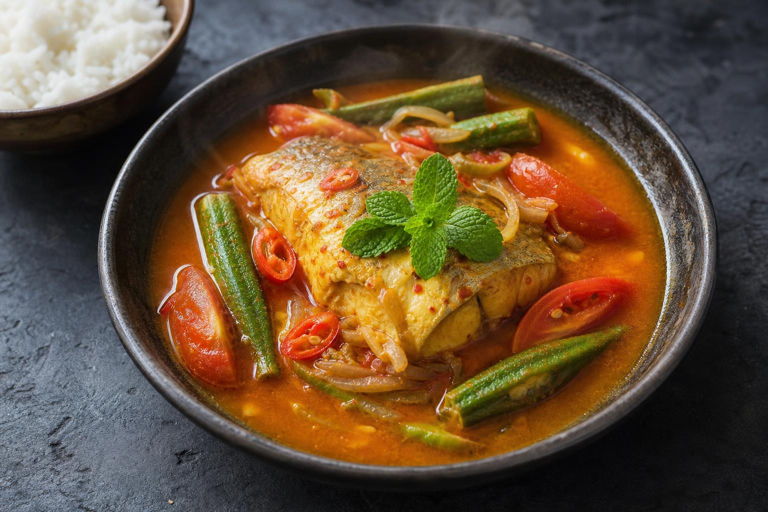 Malaysian assam fish, a firm white fish fillet in a red tamarind broth with okra and tomato, served in a dark bowl with rice