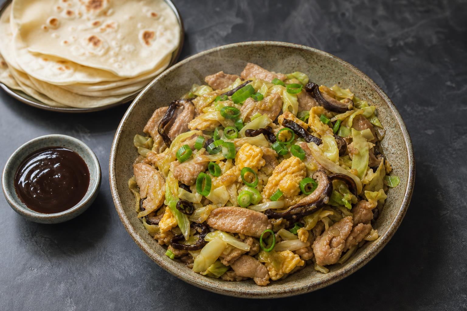 Overhead bowl of moo shu pork with pork, egg, cabbage and shiitake, scallions on top, pancakes and hoisin on the side