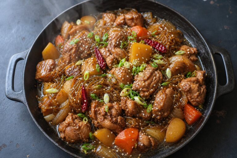 Overhead cast iron pan of Andong jjimdak, soy-braised chicken with glass noodles, potato, carrot and scallions, sesame seeds on top