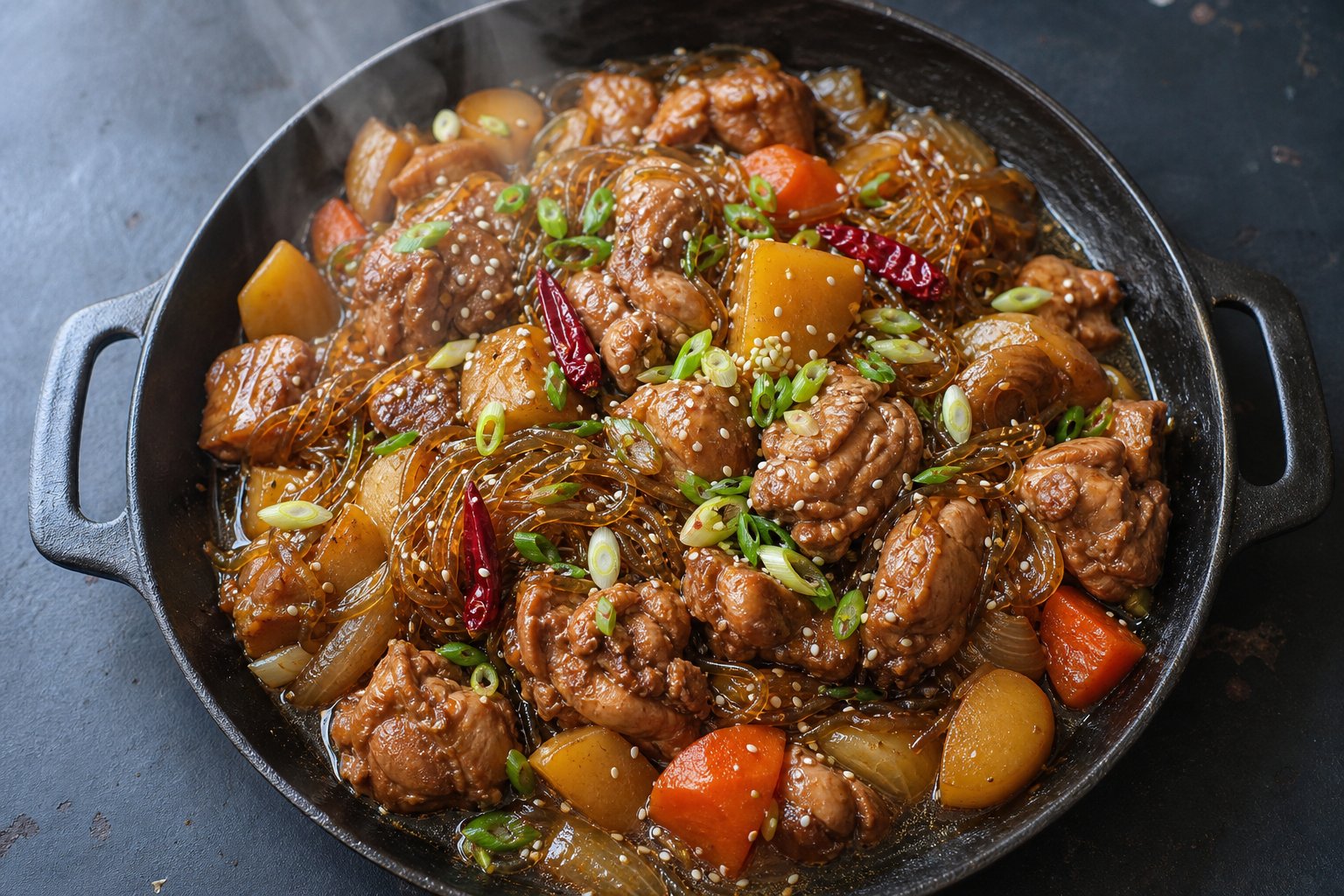 Overhead cast iron pan of Andong jjimdak, soy-braised chicken with glass noodles, potato, carrot and scallions, sesame seeds on top