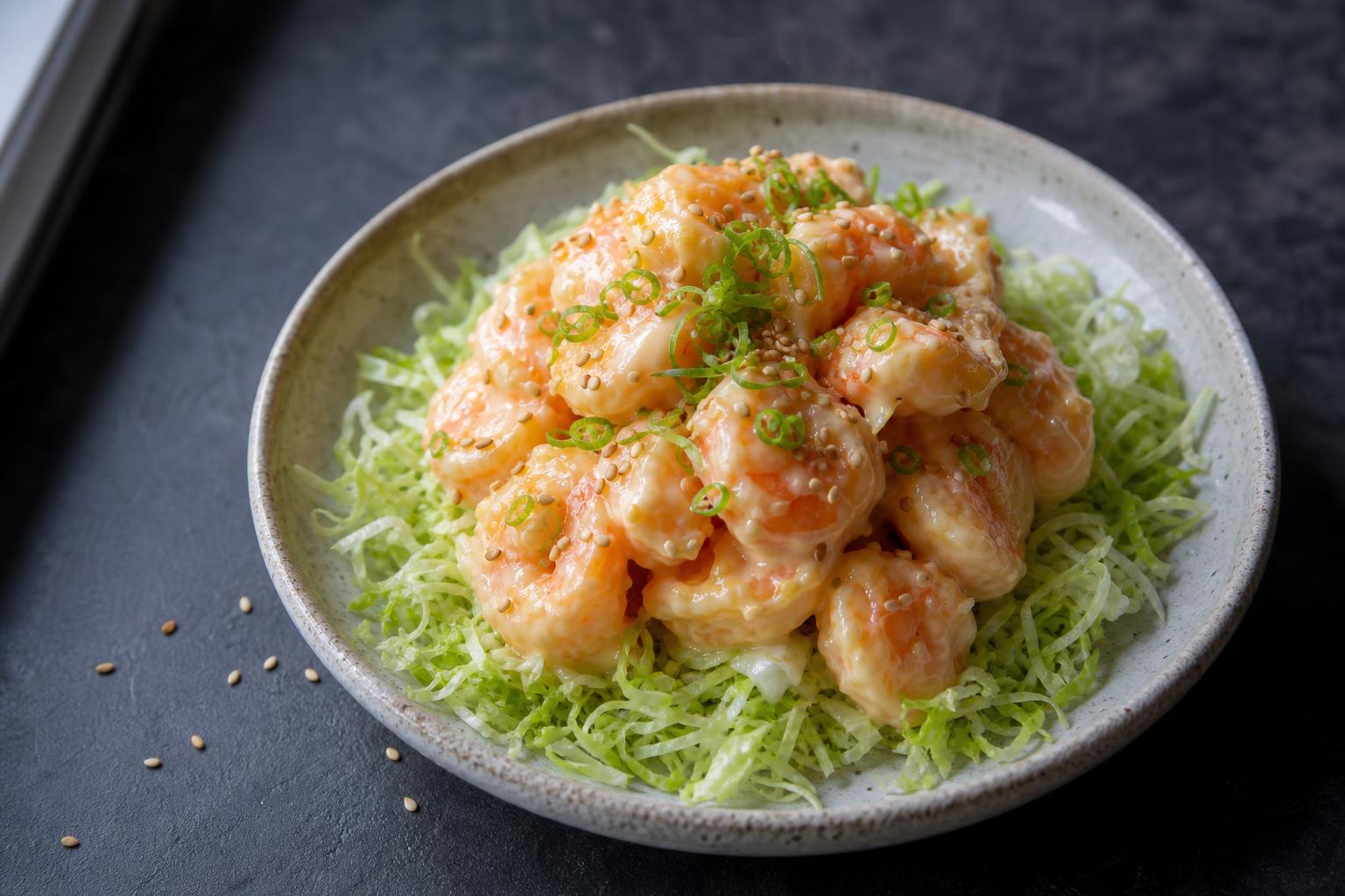 Ebi mayo, crispy Japanese shrimp in creamy sauce on shredded lettuce, garnished with scallions and sesame seeds