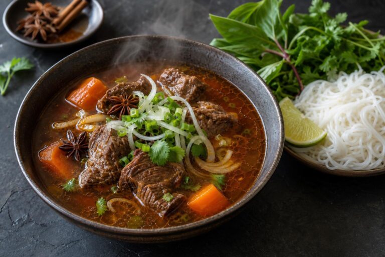 Bo kho Vietnamese beef stew in a dark ceramic bowl with beef chunks, carrots, star anise and scallions, rice noodles and herbs on the side