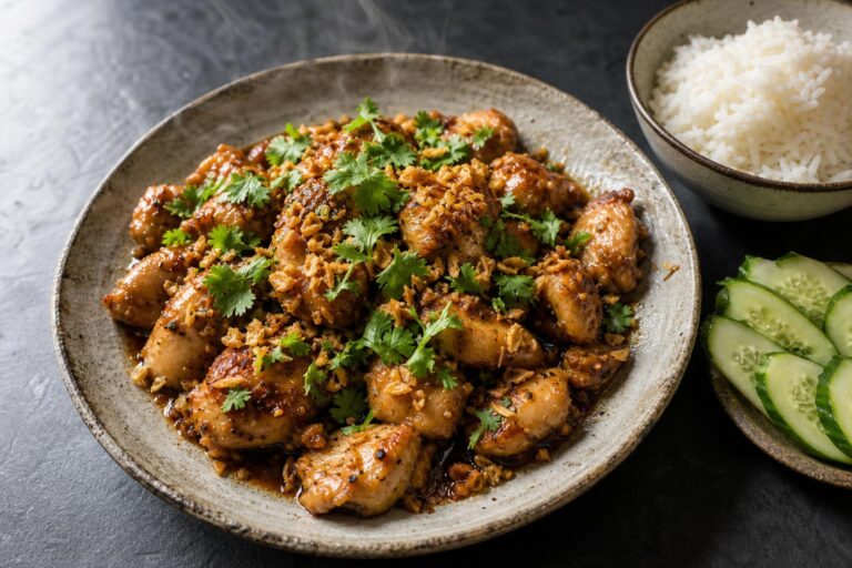 Thai garlic pepper chicken on a rustic ceramic plate, golden chicken pieces in a dark garlic sauce topped with crispy fried garlic and cilantro, with jasmine rice and cucumber slices on the side