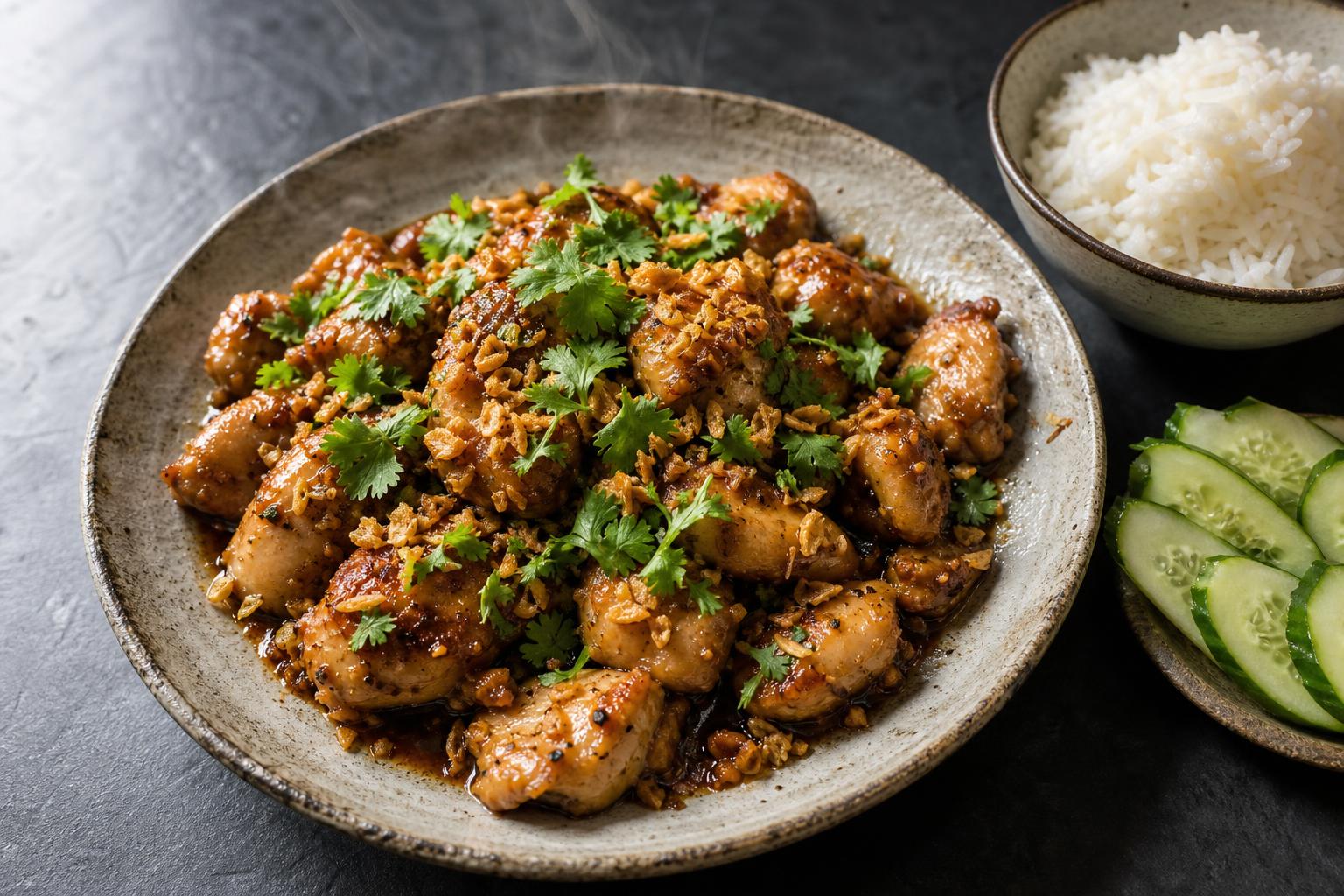 Thai garlic pepper chicken on a rustic ceramic plate, golden chicken pieces in a dark garlic sauce topped with crispy fried garlic and cilantro, with jasmine rice and cucumber slices on the side