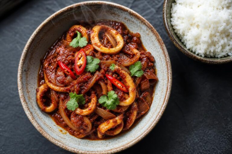 Overhead of Malaysian sambal sotong, squid rings in glossy red sambal with sliced onions, served with steamed rice