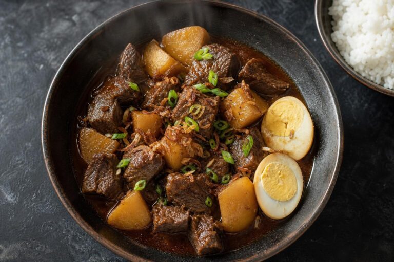 Semur daging Indonesian braised beef in a dark ceramic bowl with tender potato chunks, halved hard-boiled eggs, fried shallots and scallions, steamed rice on the side