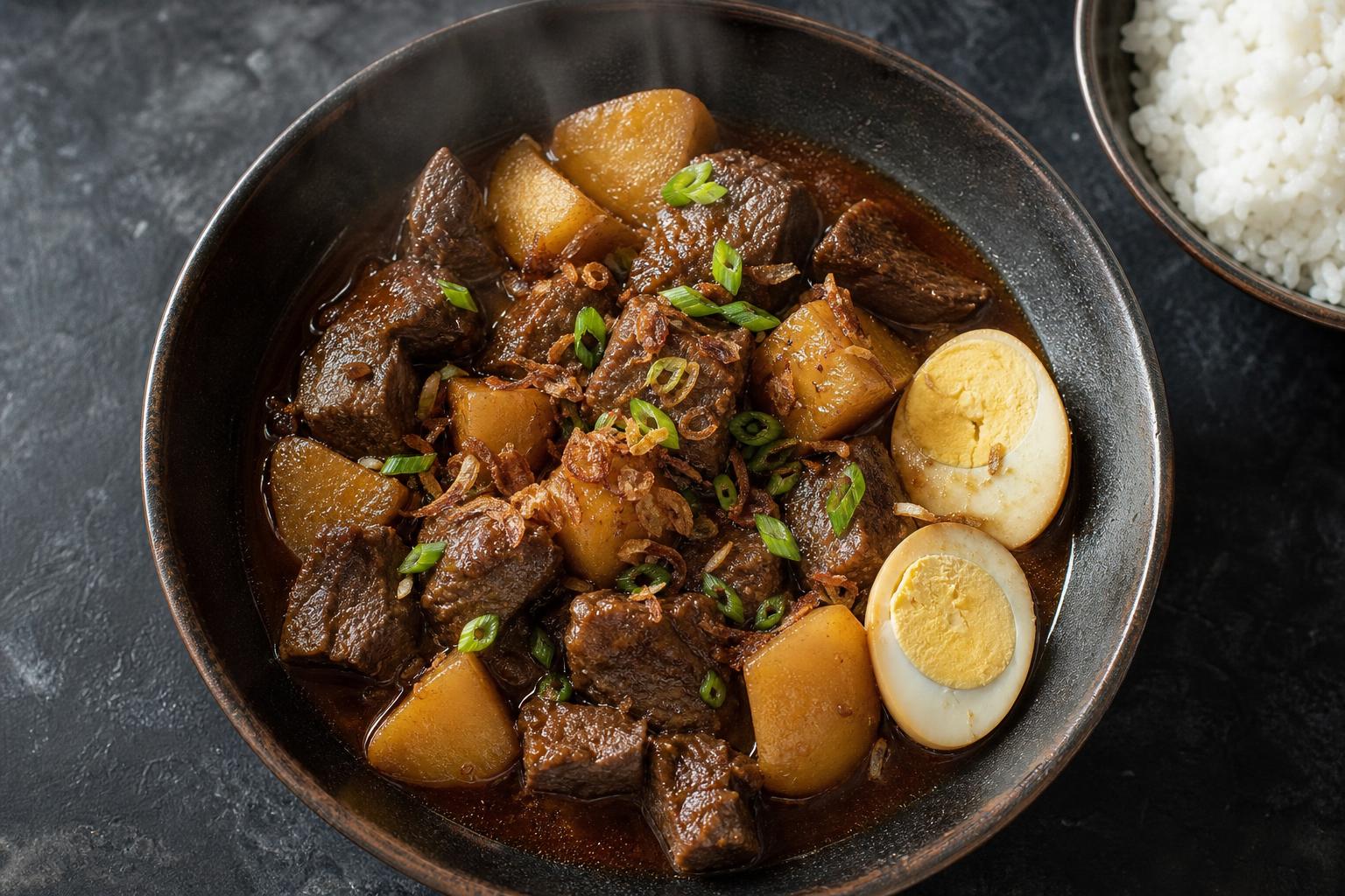 Semur daging Indonesian braised beef in a dark ceramic bowl with tender potato chunks, halved hard-boiled eggs, fried shallots and scallions, steamed rice on the side