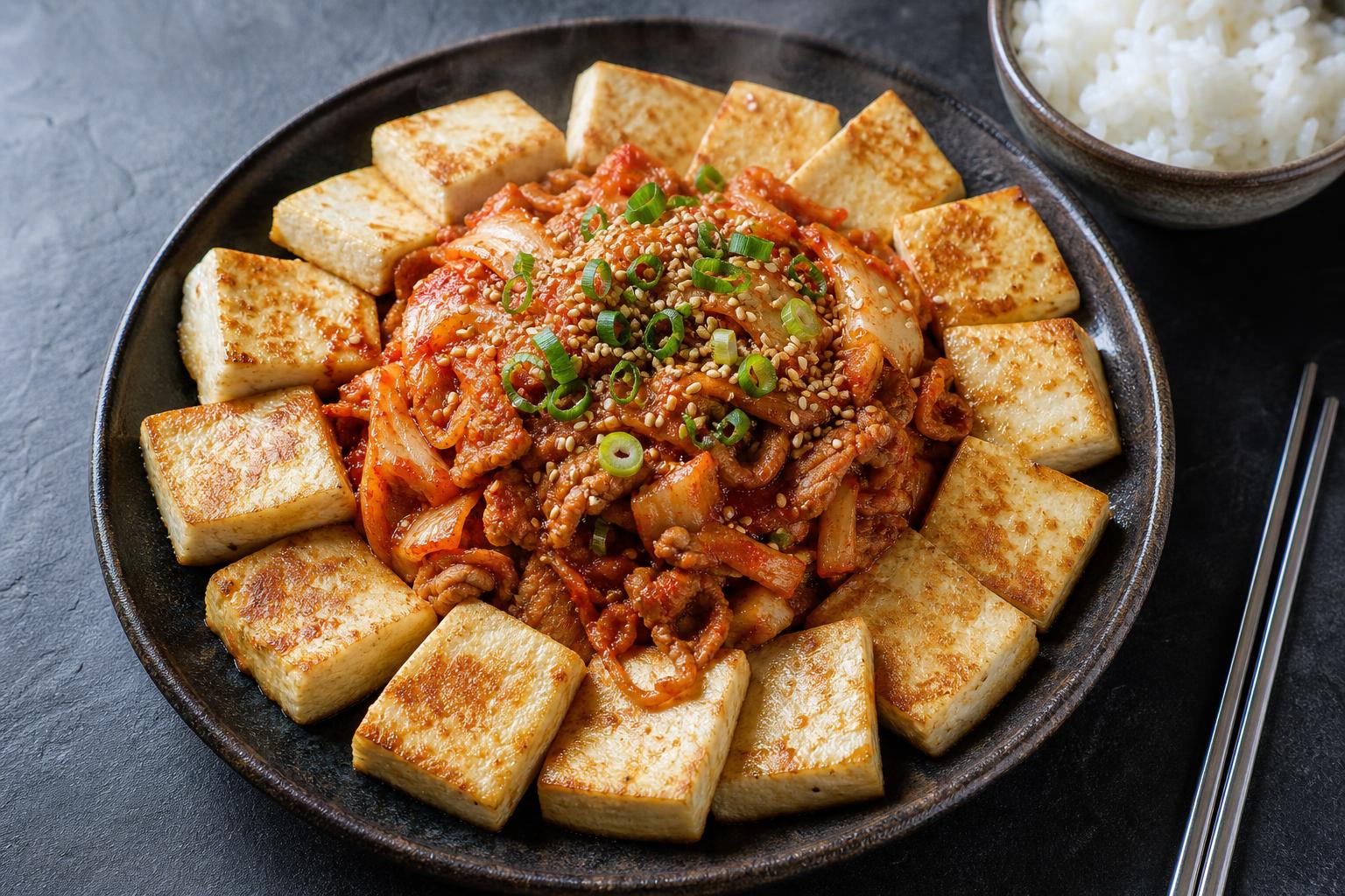 Korean dubu kimchi with pan-fried tofu arranged around spicy stir-fried kimchi and pork on a dark plate
