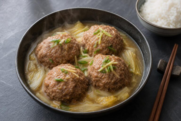 Four large lion's head pork meatballs in a dark ceramic bowl, resting on braised napa cabbage in a glossy broth, topped with shredded ginger and sliced scallions, a bowl of steamed rice and chopsticks to the side