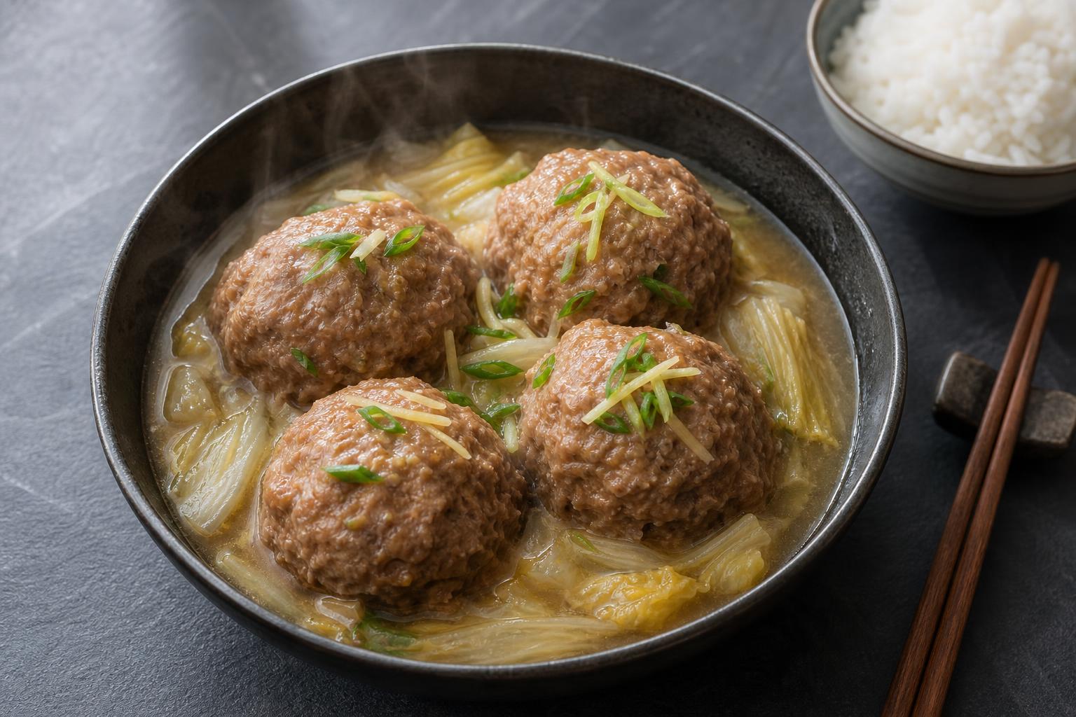Four large lion's head pork meatballs in a dark ceramic bowl, resting on braised napa cabbage in a glossy broth, topped with shredded ginger and sliced scallions, a bowl of steamed rice and chopsticks to the side