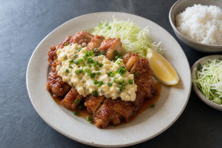 Chicken nanban, crispy fried chicken glazed in sweet vinegar soy and topped with chunky tartar sauce, on a slate surface