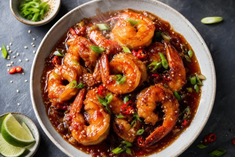 Overhead bowl of Vietnamese tamarind shrimp in glossy dark sauce with green onions and red chili on a dark slate surface