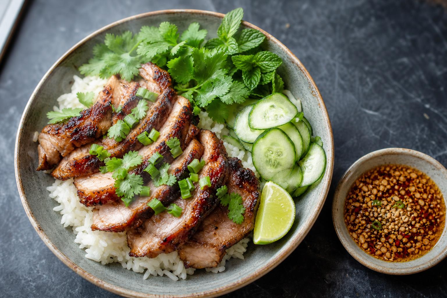Thai grilled pork rice bowl, sliced charred marinated pork over jasmine rice with cucumber, herbs, lime and a dish of nam jim jaew on a dark slate surface