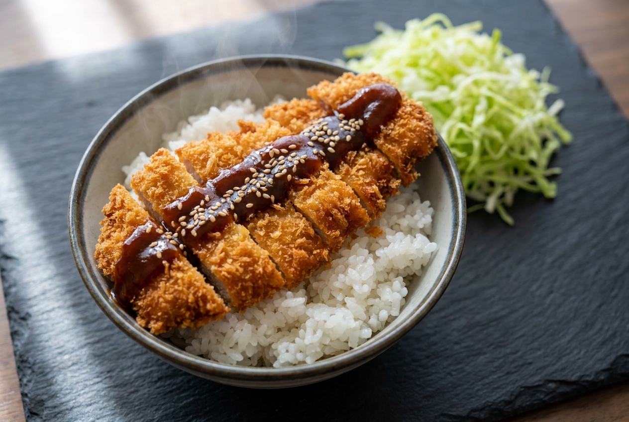 Sliced air fryer tonkatsu pork cutlet over rice with shredded cabbage and tonkatsu sauce