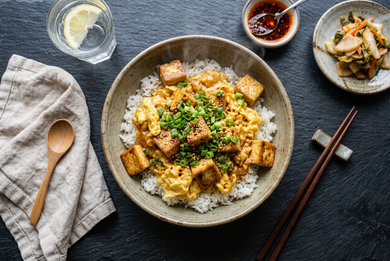 Overhead bowl of Chinese tofu and egg stir-fry over rice with scallions and chili oil